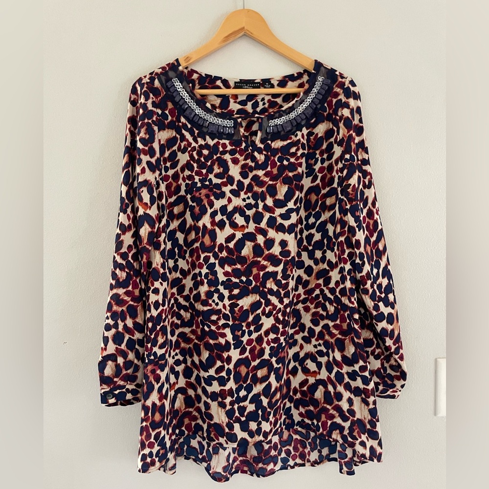 Susan Graver Leopard Print Blouse with Beaded Collar
